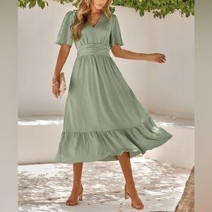 Green Swiss Dot Ruffle-Hem V-Neck Midi Dress - Women XL LIVESHOW